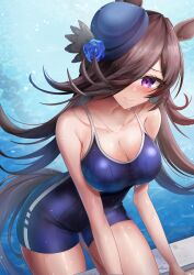 Rule 34 | 1girl, absurdres, animal ears, bare shoulders, black headwear, blue flower, blue rose, blush, breasts, brown hair, cleavage, closed mouth, collarbone, competition swimsuit, covered navel, flower, hair over one eye, highres, horse ears, horse girl, horse tail, large breasts, long hair, looking at viewer, one-piece swimsuit, pool, purple eyes, rice shower (umamusume), rose, solo, swimsuit, tail, thighs, tilted headwear, tracen swimsuit, umamusume, very long hair, waity awa, water, wet