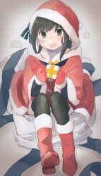 Rule 34 | 1girl, absurdres, black hair, black pantyhose, blush, boots, box, fubuki (kancolle), gift, gift box, gloves, green eyes, hat, highres, holding, holding gift, kantai collection, ma rukan, open mouth, pantyhose, pom pom (clothes), red footwear, red gloves, red hat, santa costume, santa gloves, santa hat, short hair, signature, sitting, solo
