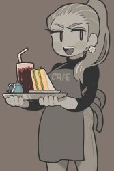 Rule 34 | 1girl, apron, black background, black shirt, cup, drinking straw, food, gashi-gashi, highres, holding, holding tray, long hair, long sleeves, no nose, open mouth, original, plate, ponytail, sandwich, shirt, simple background, smirk, solo, spot color, tray