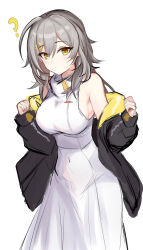 Rule 34 | 1girl, ?, bare shoulders, black jacket, breasts, commentary request, cowboy shot, dress, grey hair, hands up, highres, honkai: star rail, honkai (series), jacket, large breasts, long hair, long sleeves, looking at viewer, mini2chainz, off shoulder, simple background, solo, standing, stelle (honkai: star rail), trailblazer (honkai: star rail), white background, white dress, yellow eyes
