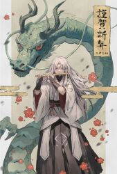 Rule 34 | 1boy, chinese zodiac, commentary request, dragon, eastern dragon, flower, flute, grey hair, highres, instrument, japanese clothes, long hair, looking at viewer, male focus, memeppo, nengajou, new year, original, playing flute, red eyes, red flower, signature, solo, very long hair, wide sleeves, year of the dragon