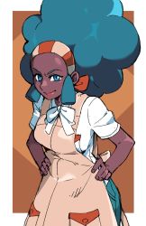 Rule 34 | 1girl, absurdres, apron, big hair, blue eyes, border, bow, bowtie, breasts, brown apron, buttons, closed mouth, commentary, creatures (company), dark-skinned female, dark skin, game freak, green hair, green pants, gym leader, hairband, hands on own hips, highres, lenora (pokemon), lipstick, long hair, looking at viewer, makeup, nintendo, outside border, pants, pokemon, pokemon bw, shirt, short sleeves, smile, solo, striped clothes, striped hairband, white border, white bow, white bowtie, white shirt, woogleboy