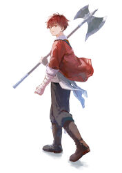 Rule 34 | 1boy, absurdres, axe, bandaged arm, bandages, black pants, brown footwear, closed mouth, commentary request, full body, highres, holding, holding axe, jacket, long sleeves, looking at viewer, looking back, male focus, pants, red eyes, red hair, red jacket, short hair, simple background, sleeves rolled up, solo, sousou no frieren, standing, stark (sousou no frieren), walking, white background, yos (72112764)