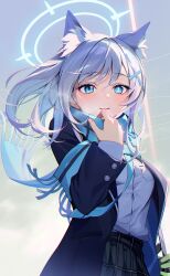 Rule 34 | 1girl, animal ears, aqua eyes, blue archive, coat, highres, jacket, kainown, long sleeves, looking at viewer, open clothes, open jacket, shiroko (blue archive), shirt, smile, solo, white hair, white shirt