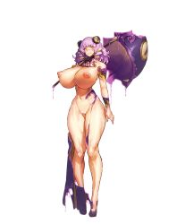 Rule 34 | 1girl, blush, breasts, curvy, detached collar, dress, embarrassed, feet, female focus, full body, functionally nude, game cg, hair ornament, hand up, high heels, highres, holding, holding umbrella, huge breasts, legs, looking at viewer, medium hair, melon22, multicolored hair, nipples, no panties, original, over shoulder, pasties, shoes, side slit, solo, standing, thick thighs, thighs, torn clothes, transparent background, two-tone hair, umbrella, yellow eyes