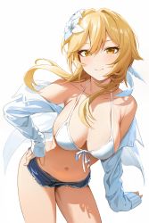 Rule 34 | 1girl, absurdres, bare shoulders, bikini, bikini top only, blonde hair, blush, breasts, closed mouth, collarbone, contrapposto, cutoffs, denim, denim shorts, feather hair ornament, feathers, floating hair, flower, front-tie bikini top, front-tie top, genshin impact, hair between eyes, hair ornament, hand on own hip, highres, jacket, large breasts, leaning forward, lumine (genshin impact), navel, off shoulder, ritae, short hair with long locks, short shorts, shorts, sidelocks, simple background, sleeves past wrists, smile, solo, stomach, swimsuit, thighs, white background, white bikini, white flower, white jacket, yellow eyes
