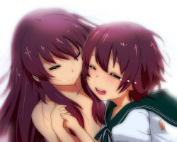 Rule 34 | 10s, 2girls, covering privates, covering breasts, closed eyes, hair censor, holding hands, hyudora, kantai collection, kisaragi (kancolle), multiple girls, mutsuki (kancolle), nude, purple hair, tears