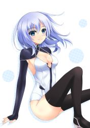 Rule 34 | 10s, 1girl, absurdres, arm support, armpits, beatless, black thighhighs, blue eyes, blue hair, blush, bodysuit, breasts, cleavage, cleavage cutout, clothing cutout, fingerless gloves, floating hair, gloves, highres, hip focus, lacia, leicia, long hair, long sleeves, looking at viewer, matching hair/eyes, sai seki, simple background, sitting, smile, solo, tareme, thighhighs, thighs, white background
