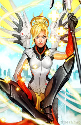 Rule 34 | 1girl, arm at side, arm up, artist name, blonde hair, blue eyes, bodysuit, breasts, closed mouth, crystal graziano, glowing, glowing wings, halo, highres, holding, holding staff, lips, mechanical wings, medium breasts, mercy (overwatch), nose, overwatch, overwatch 1, pelvic curtain, red lips, short hair, solo, spread wings, staff, white bodysuit, white wings, wings, yellow wings