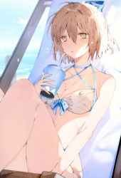 Rule 34 | 1girl, bad id, bad pixiv id, bare legs, bare shoulders, bikini, blue bow, bow, breasts, brown eyes, brown hair, cleavage, closed mouth, collarbone, cup, day, disposable cup, drinking glass, expressionless, fate/grand order, fate (series), feet out of frame, foreshortening, hair between eyes, hair bow, halterneck, highres, holding, holding cup, knees up, leo (feeling goooood), looking afar, looking away, lying, medium breasts, okita souji (fate), okita souji (koha-ace), on back, outdoors, solo, sweat, swimsuit, twitter username, white bikini