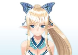 Rule 34 | 1girl, bare shoulders, blonde hair, blue eyes, breasts, butterfly hair ornament, cleavage, earrings, elf, gradient hair, hair ornament, highres, japanese clothes, jewelry, kirika towa alma, large breasts, long hair, looking at viewer, multicolored hair, open mouth, pointy ears, ponytail, shining (series), shining resonance, smile, solo, tony taka, upper body