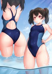 Rule 34 | 1girl, ass, black hair, blue one-piece swimsuit, blush, bow, breasts, commentary request, competition swimsuit, covered navel, gluteal fold, hair bow, hand on own hip, highleg, highres, long hair, love live!, love live! school idol project, multiple views, one-piece swimsuit, partially submerged, partially underwater shot, partially visible vulva, red eyes, shiny skin, signature, skindentation, solo, standing, swimsuit, thighs, twintails, underwater, unsfrau, wading, water, wet, yazawa nico