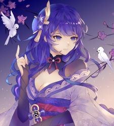 Rule 34 | 1girl, bird, braid, branch, breasts, bridal gauntlets, cleavage, closed mouth, commentary, english commentary, flower, genshin impact, hair flower, hair ornament, highres, japanese clothes, kimono, large breasts, long hair, mole, mole under eye, purple eyes, purple flower, purple hair, raiden shogun, ribbon, sash, simple background, solo, tassel, wide sleeves, xu carman
