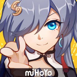 Rule 34 | 1girl, black hair, blue eyes, close-up, closed mouth, company name, earrings, finger gun, fu hua, fu hua (azure empyrea), hair between eyes, hair ornament, hair over one eye, highres, honkai (series), honkai impact 3rd, index finger raised, jewelry, long hair, looking at viewer, nalukikiki, one eye closed, parody, piercing, pointing, pointing at viewer, portrait, simple background, smile, solo, yellow background