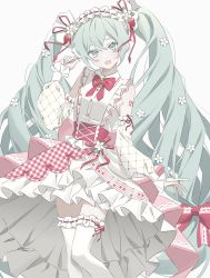 Rule 34 | 1girl, :d, aqua eyes, aqua hair, arm tattoo, azuki (ckxs7444), back bow, bow, bowtie, checkered clothes, collared dress, commentary, detached sleeves, dress, english commentary, feet out of frame, flower, food-themed hair ornament, frilled thighhighs, frills, hair between eyes, hair flower, hair ornament, hairband, hand up, hatsune miku, head tilt, high-low skirt, highres, knees together feet apart, lolita hairband, long hair, looking at viewer, musical note, musical note print, number tattoo, open mouth, puffy detached sleeves, puffy sleeves, red bow, red bowtie, simple background, sleeveless, sleeveless dress, smile, solo, strawberry hair ornament, strawberry miku (morikura), tattoo, thighhighs, twintails, very long hair, vocaloid, white background, white dress, white flower, white thighhighs