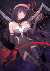 Rule 34 | 1girl, absurdres, akemi homura, akuma homura, bare shoulders, black hair, choker, elbow gloves, feathered wings, flower, gloves, hair ribbon, highres, lixiang guo alice, long hair, mahou shoujo madoka magica, mahou shoujo madoka magica: hangyaku no monogatari, parted lips, purple eyes, red ribbon, ribbon, solo, spider lily, thighhighs, wings
