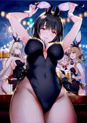 Rule 34 | 4girls, alcohol, anchor hair ornament, anchor symbol, animal ears, aqua eyes, armpits, arms up, artist name, ascot, ass, bare shoulders, beer, beer mug, bismarck (kancolle), black hair, black leotard, blonde hair, blue eyes, blush, bottle, breasts, cityscape, commentary request, covered navel, crescent moon, cross, cup, detached collar, drunk, fake animal ears, fireworks, fishnet legwear, fishnets, grey hair, hair between eyes, hair ornament, hayakawa akari, holding, holding bottle, holding cup, iron cross, kantai collection, large breasts, leotard, lights, long hair, looking at viewer, moon, mug, multiple girls, night, open mouth, outdoors, pantyhose, playboy bunny, pola (kancolle), prinz eugen (kancolle), rabbit ears, red eyes, short hair, sideboob, sidelocks, smile, takao (kancolle), twintails, wavy hair, wrist cuffs
