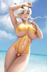 Rule 34 | 1girl, armpits, artoria pendragon (fate), artoria pendragon (lancer alter) (fate), black tape project, breasts, cowboy shot, day, fate/grand order, fate (series), hair between eyes, highres, large breasts, looking at viewer, outdoors, pasties, solo, standing, stomach, tape, tape on nipples, thighs, yamaneko (tkdrumsco)