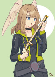 Rule 34 | 1girl, black bodysuit, black choker, black jacket, blue eyes, bodysuit, breasts, brown hair, choker, commentary request, eunie (xenoblade), eyelashes, green background, gun, head wings, highres, holding, holding gun, holding weapon, jacket, large breasts, medium hair, open clothes, open jacket, open mouth, simple background, solo, standing, weapon, wings, xenoblade chronicles (series), xenoblade chronicles 3, yanagimachi