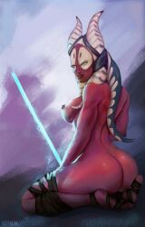 Rule 34 | 1girl, alien, ass, blue eyes, blue lightsaber, breasts, colored skin, commentary, energy sword, english commentary, fetfreak, highres, jedi, kneeling, large breasts, lightsaber, looking at viewer, looking back, medium breasts, nipples, nude, red skin, shaak ti, simple background, solo, star wars, star wars: the clone wars, sword, togruta, weapon