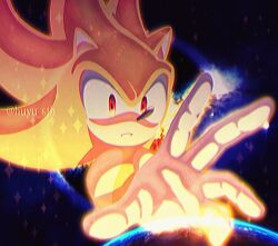 Rule 34 | 1boy, animal ears, animal nose, arm up, artist name, black sky, closed mouth, earth (planet), flying, furry, furry male, gloves, hedgehog, hedgehog ears, highres, huyu sth, looking to the side, male focus, planet, red eyes, sky, solo, sonic (series), sonic the hedgehog, space, sparkle, super sonic, teeth, upper body, white gloves, yellow fur