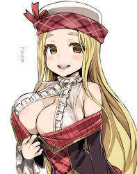 Rule 34 | 10s, 1girl, asanagi, bare shoulders, blonde hair, blush, breasts, brown eyes, cleavage, cleavage cutout, clothing cutout, diola (granblue fantasy), granblue fantasy, hat, large breasts, long hair, looking at viewer, open mouth, pulling, simple background, smile, solo, white background