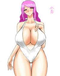 Rule 34 | 1girl, blush, breasts, brown eyes, covered erect nipples, female focus, huge breasts, jewelry, mature female, one-piece swimsuit, original, purple hair, ring, simple background, solo, standing, swimsuit, thigh gap, thighs, wedding ring, white background, wide hips, wiz-coolhait