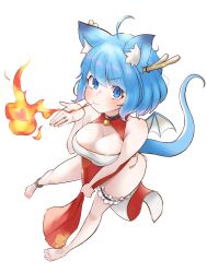 Rule 34 | 1girl, ahoge, animal ear fluff, animal ears, anklet, antlers, barefoot, blue eyes, blue hair, blue wings, blush, breasts, breath weapon, breathing fire, cleavage, cleavage cutout, closed mouth, clothing cutout, commentary request, dog ears, dog girl, dragon tail, dragon wings, dress, fire, full body, heart, highres, horns, jewelry, large breasts, looking at viewer, lovermoonlight, medium bangs, nanashi inc., pelvic curtain, red dress, short hair, simple background, sleeveless, sleeveless dress, solo, souya ichika, tail, thigh strap, v-shaped eyebrows, virtual youtuber, white background, wings