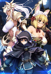 Rule 34 | 1boy, 2girls, :3, absurdres, animal ears, armor, bare shoulders, belt, bikini armor, black hair, black pants, black shirt, blonde hair, blue eyes, boots, bow, bowtie, breasts, brown gloves, cape, castle, cat ears, choker, clenched hands, cloak, closed mouth, cloud, collarbone, commentary request, cover, cover page, covered erect nipples, cowboy shot, couter, dagger, dark elf, dark skin, dual wielding, elbow gloves, elf, frilled choker, frills, full moon, gauntlets, glasses, gloves, gorget, greaves, green eyes, helmet, highres, holding, holding weapon, hood, knife, large breasts, light purple hair, long hair, looking at viewer, maid headdress, moon, moonlight, multiple girls, navel, night, no bra, off-shoulder shirt, off shoulder, original, ouma tokiichi, pants, parted lips, pauldrons, pointy ears, polearm, ponytail, red bow, red bowtie, scabbard, sheath, shirt, short hair, shoulder armor, sky, spear, star (sky), starry sky, stomach, thigh boots, thighhighs, thighhighs under boots, underbust, weapon, white gloves, white hair, white legwear, yellow eyes, zettai ryouiki