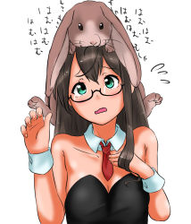 Rule 34 | 1girl, animal, black hair, blush, breasts, cuffs, detached collar, dress, glasses, green eyes, hair between eyes, highres, kantai collection, leotard, long hair, looking at viewer, medium breasts, necktie, ooyodo (kancolle), playboy bunny, rabbit, short dress, simple background, solo, tama (tamago), white background