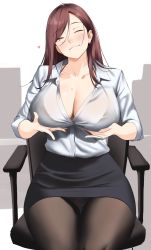 Rule 34 | 1girl, bikini, black bikini, black pantyhose, blush, breast hold, breasts, brown eyes, brown hair, chair, cleavage, closed mouth, collared shirt, curvy, dress shirt, ear piercing, hair behind ear, halterneck, head tilt, heart, highres, ichinose (ichinose1592), large breasts, long hair, looking at viewer, micro bikini, miniskirt, mole, mole on breast, mole under eye, mole under mouth, office chair, office lady, one eye closed, original, pantyhose, parted bangs, partially unbuttoned, piercing, see-through, shirt, shirt tucked in, sitting, skirt, smile, solo, swimsuit, swivel chair, thick thighs, thighs, white background, white shirt