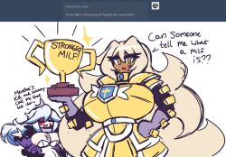 Rule 34 | 2girls, armor, blonde hair, breasts, bursting breasts, cleavage, dark-skinned female, dark skin, dress, english text, female focus, gensin, holding, holding trophy, huge breasts, long hair, looking at viewer, mature female, multiple girls, slit pupils, standing, trophy, white background, white hair, yellow armor