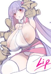 Rule 34 | 1girl, absurdres, armpits, belt collar, blush, breasts, character name, claw (weapon), claws, cleavage, collar, collarbone, curvy, fate/grand order, fate (series), gradient hair, hair ribbon, highres, huge breasts, inverted nipples, long hair, multicolored hair, o-ring, o-ring top, parted lips, passionlip (third ascension) (fate), pink eyes, pink hair, pink ribbon, purple hair, rancha06743732, revealing clothes, ribbon, sideboob, simple background, solo, tears, weapon, white background
