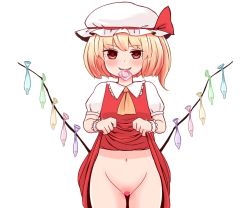 Rule 34 | 1girl, ascot, batta (ijigen debris), blonde hair, censored, clothes lift, commentary request, condom, condom wrapper, cowboy shot, dress, dress lift, flandre scarlet, hat, heart, heart-shaped pupils, heart censor, highres, lifted by self, looking at viewer, mob cap, mouth hold, multiple condoms, navel, panties, puffy short sleeves, puffy sleeves, pussy, red dress, red eyes, short hair, short sleeves, simple background, smile, solo, standing, symbol-shaped pupils, touhou, underwear, used condom, white background, wrist cuffs, yellow ascot