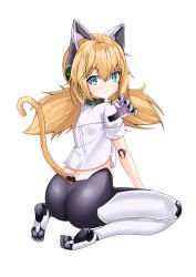 Rule 34 | 1girl, absurdres, animal ears, artist request, ass, blonde hair, blouse, blue eyes, blush, cat ears, cat tail, from behind, girls&#039; frontline, girls&#039; frontline neural cloud, hair between eyes, highres, idw (girls&#039; frontline), leggings, long hair, looking at viewer, looking back, low twintails, mechanical parts, midriff peek, shirt, simple background, sleeves rolled up, smile, solo, tail, twintails, white background, white shirt