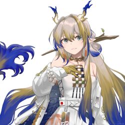 Rule 34 | 1girl, aqua eyes, arknights, artist name, bare shoulders, beads, belt, blonde hair, branch, dragon girl, dragon horns, dress, duku (hus7788950), earrings, gradient hair, grey hair, grey horns, grin, hair between eyes, hair intakes, hand on own chest, highres, horns, jacket, jewelry, leaf, long hair, long sleeves, looking at viewer, multicolored hair, necklace, off shoulder, open clothes, open jacket, parted lips, pointy ears, purple hair, purple horns, shu (arknights), signature, simple background, smile, solo, strapless, strapless dress, upper body, very long hair, white background, white belt, white dress, white jacket, yellow horns