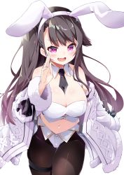Rule 34 | 1girl, absurdres, adapted costume, animal ears, azur lane, bandeau, bare shoulders, black hair, blue nails, blush, breasts, cleavage, collar, commentary request, detached collar, eyebrows, fake animal ears, fang, fur-trimmed jacket, fur-trimmed sleeves, fur trim, hand on own cheek, hand on own face, head tilt, highres, jacket, large breasts, leer.meer, leotard, long hair, long sleeves, looking at viewer, manjuu (azur lane), nail polish, navel, necktie, off shoulder, open mouth, pamiat merkuria (azur lane), pantyhose, pink eyes, playboy bunny, sidelocks, skin fang, skindentation, smile, solo, standing, thigh strap, transparent background, very long hair, white bandeau, white jacket