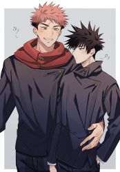 Rule 34 | 2boys, absurdres, aged up, arm around waist, black hair, black jacket, black pants, blush, brown eyes, buttons, closed mouth, commentary request, facial mark, fushiguro megumi, grin, hair between eyes, hand in pocket, high collar, highres, hood, hoodie, itadori yuuji, jacket, jujutsu kaisen, long sleeves, looking at another, male focus, multiple boys, pants, pink hair, red hoodie, scar, scar on face, school uniform, short hair, smile, somwang 07, spiked hair, standing, undercut, yaoi