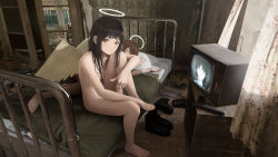 Rule 34 | 2girls, angel, angel wings, ankle boots, asymmetrical hair, barefoot, bed, black footwear, black hair, blanket, boots, unworn boots, closed eyes, closed mouth, commentary, completely nude, creator connection, cross-laced footwear, crt, curtains, day, drawer, floor, full body, gun, haibane renmei, hair ornament, hair over one eye, halo, handgun, highres, indoors, invicta luna, iwakura lain, knee up, lace-up boots, long hair, looking at viewer, messy room, mirror, multiple girls, nude, one eye covered, picture frame, pillow, pistol, rakka (haibane), reflection, reki (haibane), serial experiments lain, single sidelock, sitting, sleeping, straight hair, sunlight, swept bangs, television, weapon, white wings, wings, x hair ornament