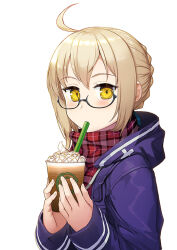 Rule 34 | ahoge, artoria pendragon (fate), blonde hair, braid, crown braid, cup, disposable cup, drinking straw, drinking straw in mouth, fate/grand order, fate (series), frappuccino, glasses, holding, holding cup, hood, hoodie, long sleeves, looking at viewer, medium hair, mysterious heroine x alter (fate), nonderi, round eyewear, scarf, sidelocks, simple background, upper body, white background, yellow eyes