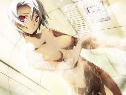 Rule 34 | 1girl, baldr sky, baldr sky zero, breasts, censored, dutch angle, game cg, giga, kikuchi seiji, looking at viewer, navel, nipples, nude, pussy, red eyes, shizel steinbrecher, shower, smile, solo, steam, water, white hair