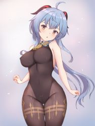 Rule 34 | absurdres, ahoge, bell, black legwear, blue hair, blush, breasts, cover, covered navel, cowboy shot, dae (dog-of-maou), ganyu (genshin impact), genshin impact, gold trim, highres, horns, large breasts, leotard, leotard under clothes, long hair, looking at viewer, neck bell, no gloves, open mouth, pointy breasts, sleeveless, solo, standing, thigh gap, thighlet