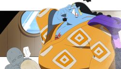0_0 1boy bara big_belly black_hair blue_skin blush bulge colored_skin cowboy_shot curly_eyebrows curly_sidelocks erection erection_under_clothes faceless facial_hair fat fat_man fish_boy from_side goatee highres ink_(ink0000) japanese_clothes jinbe_(one_piece) kimono large_bulge large_pectorals long_tusks male_focus merman monster_boy nervous_sweating one_piece paid_reward_available pectoral_cleavage pectorals profile rubbing_nose shy solo_focus standing sweat thick_eyebrows translation_request