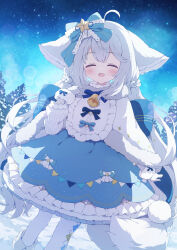 Rule 34 | 1girl, animal ears, bell, blue bow, blue dress, blush, bow, closed eyes, commentary request, commission, dress, facing viewer, feet out of frame, fox ears, fox girl, fox tail, fur trim, hair bow, highres, long hair, low twintails, neck bell, open mouth, original, sakurada shiro (hy plus), skeb commission, smile, solo, split mouth, standing, tail, twintails, tyomimas, white hair, winter clothes