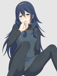 Rule 34 | 1girl, ameno (a meno0), bad id, bad pixiv id, blue eyes, blue hair, blush, covering own mouth, fire emblem, fire emblem awakening, hand to own mouth, long hair, looking at viewer, lucina (fire emblem), matching hair/eyes, nintendo, ribbed legwear, ribbed sweater, simple background, solo, spread legs, sweater, tiara