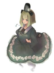 Rule 34 | 1girl, 87ilil, black hat, closed mouth, dress, full body, ghost tail, green dress, green eyes, green hair, hat, long sleeves, looking at viewer, ofuda, ofuda on clothes, short hair, simple background, smile, soga no tojiko, solo, tate eboshi, touhou, white background