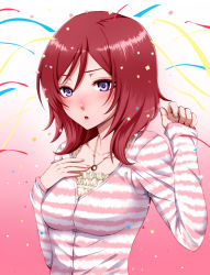 Rule 34 | 10s, 1girl, blush, casual, confetti, hand on own chest, jewelry, long sleeves, love live!, love live! school idol festival, love live! school idol project, necklace, nishikino maki, open mouth, purple eyes, red hair, short hair, simon (n.s craft), solo, streamers, striped