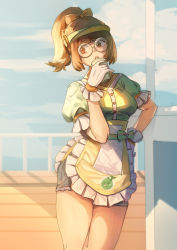 Rule 34 | 1girl, absurdres, against railing, alternate hairstyle, apron, blue sky, bow, breasts, brown eyes, brown hair, cloud, cloudy sky, cowboy shot, cup, day, deck, drinking, drinking straw, glasses, gloves, hair bow, high ponytail, highres, honeydew mei, looking at viewer, medium breasts, medium hair, mei (overwatch), official alternate costume, overwatch, overwatch 1, puffy sleeves, railing, round eyewear, shenji laurant, shiny skin, short sleeves, shorts, sideways glance, sky, solo, thick thighs, thighs, visor cap, white gloves, yellow bow