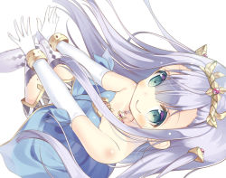 Rule 34 | 10s, 1girl, bare shoulders, blush, body blush, bracelet, dress, elbow gloves, gloves, green eyes, hands on lap, jewelry, long hair, looking at viewer, lots of jewelry, necklace, outbreak company, petralka anne eldant iii, shiny skin, silver hair, sitting, skirt, smile, solo, thighhighs, tiara, yuizaki kazuya