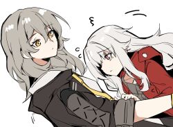 Rule 34 | 2girls, black jacket, clara (honkai: star rail), commentary, crying, crying with eyes open, dutch angle, english commentary, grey hair, highres, honkai: star rail, honkai (series), jacket, long hair, long sleeves, looking at another, multiple girls, pokarii zuu, red eyes, red jacket, simple background, stelle (honkai: star rail), tears, trailblazer (honkai: star rail), white background, white hair, yellow eyes